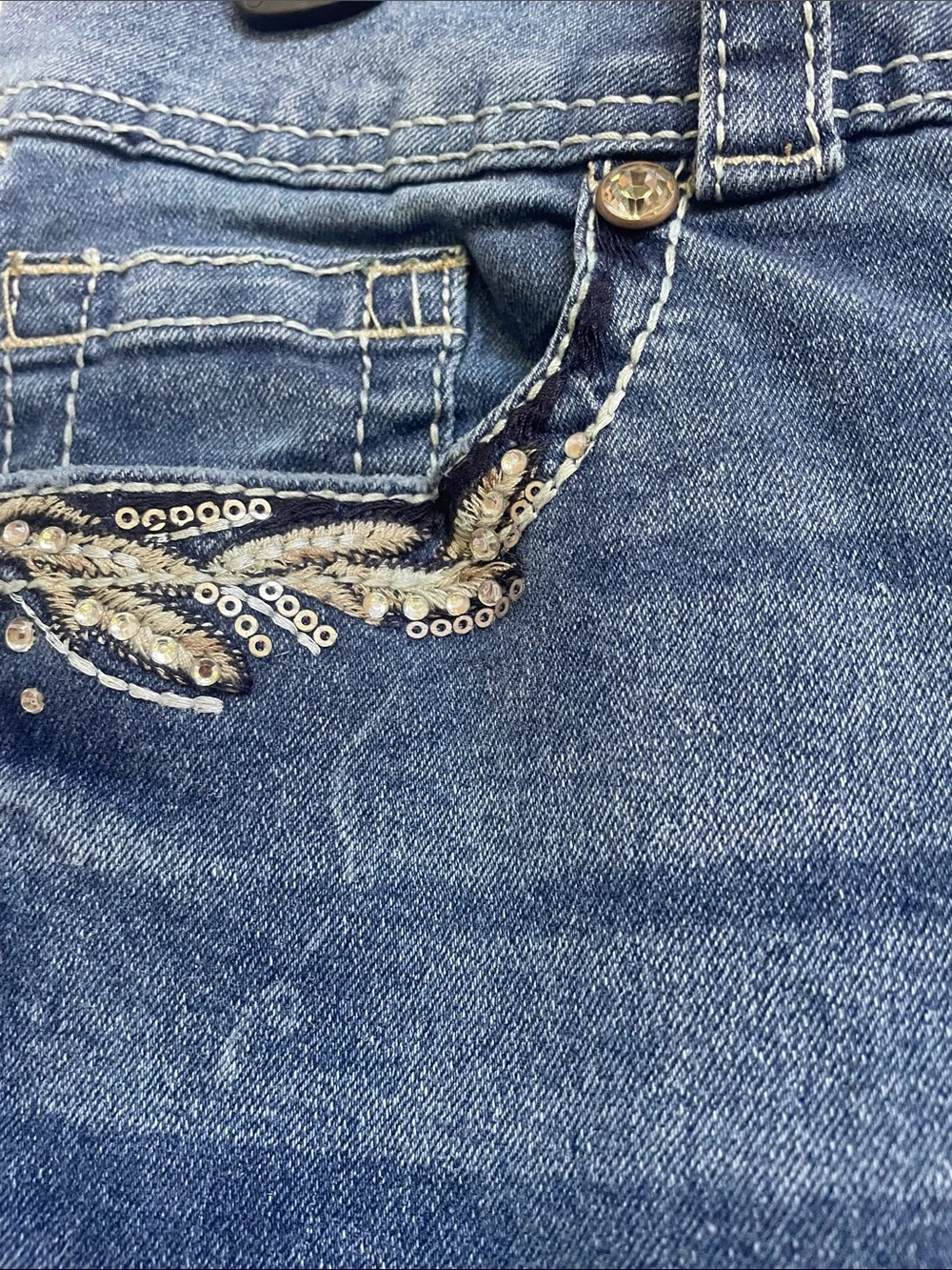 Embellished Dark Blue Thick Stitch Flare Bootcut Curvy Jeans for Women Sz 10
